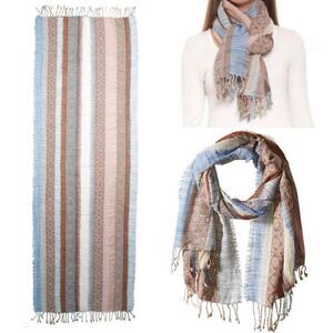 PRANA Mae Scarf Wrap Fringed Striped Tan Blue Cream Multicolored 100% Wool